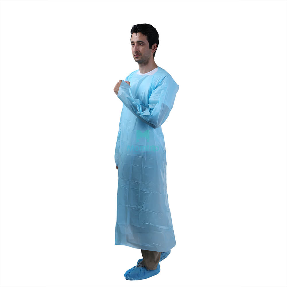 Blue Disposable Plastic Isolation CPE Gown with Ties at Wrist